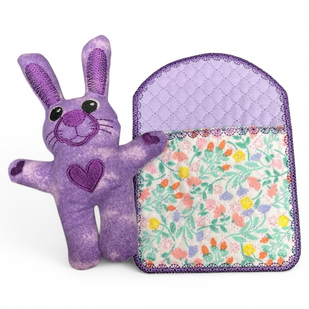 Hand Crafted Purple Bunny Plush Toy with Quilted Floral Blanket Sleeping Bag
